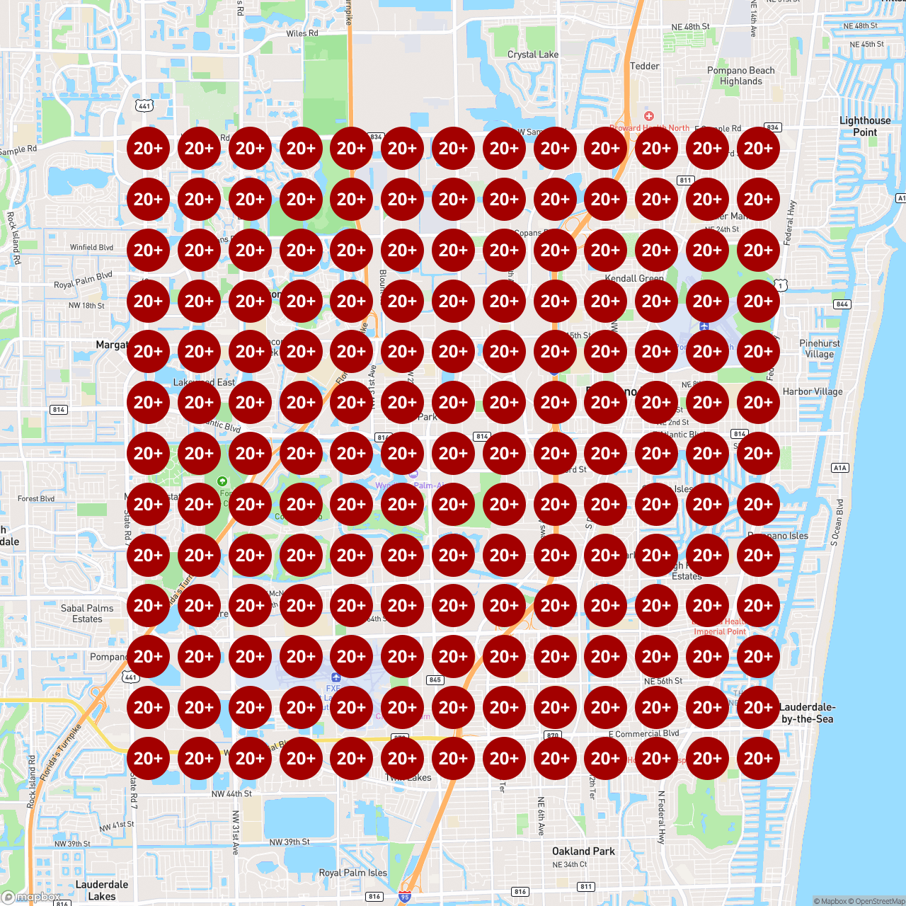 Google Maps rank heatmap before: the practice ranks 20+ at every point across the area.
