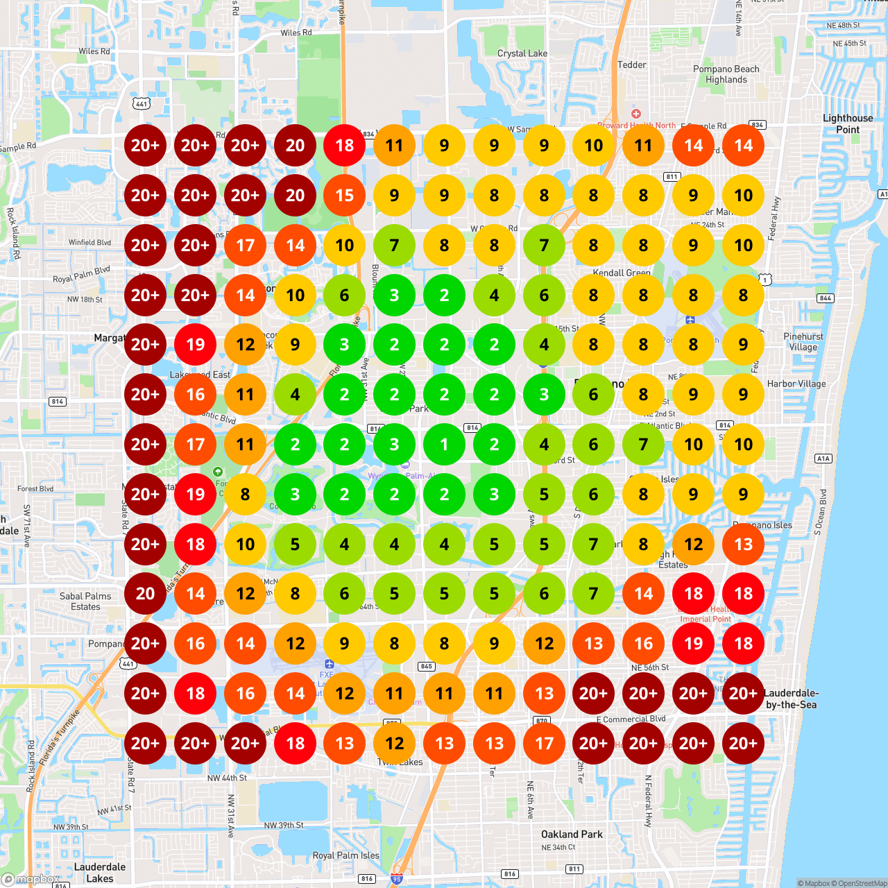 Google Maps rank heatmap after: top 3 around the practice and page 1 across most of the area.