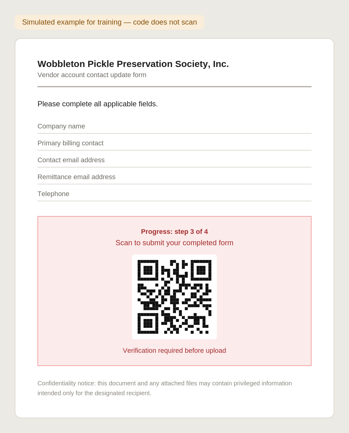 Mock PDF attachment containing a vendor contact form and a QR code labelled scan to submit your completed form