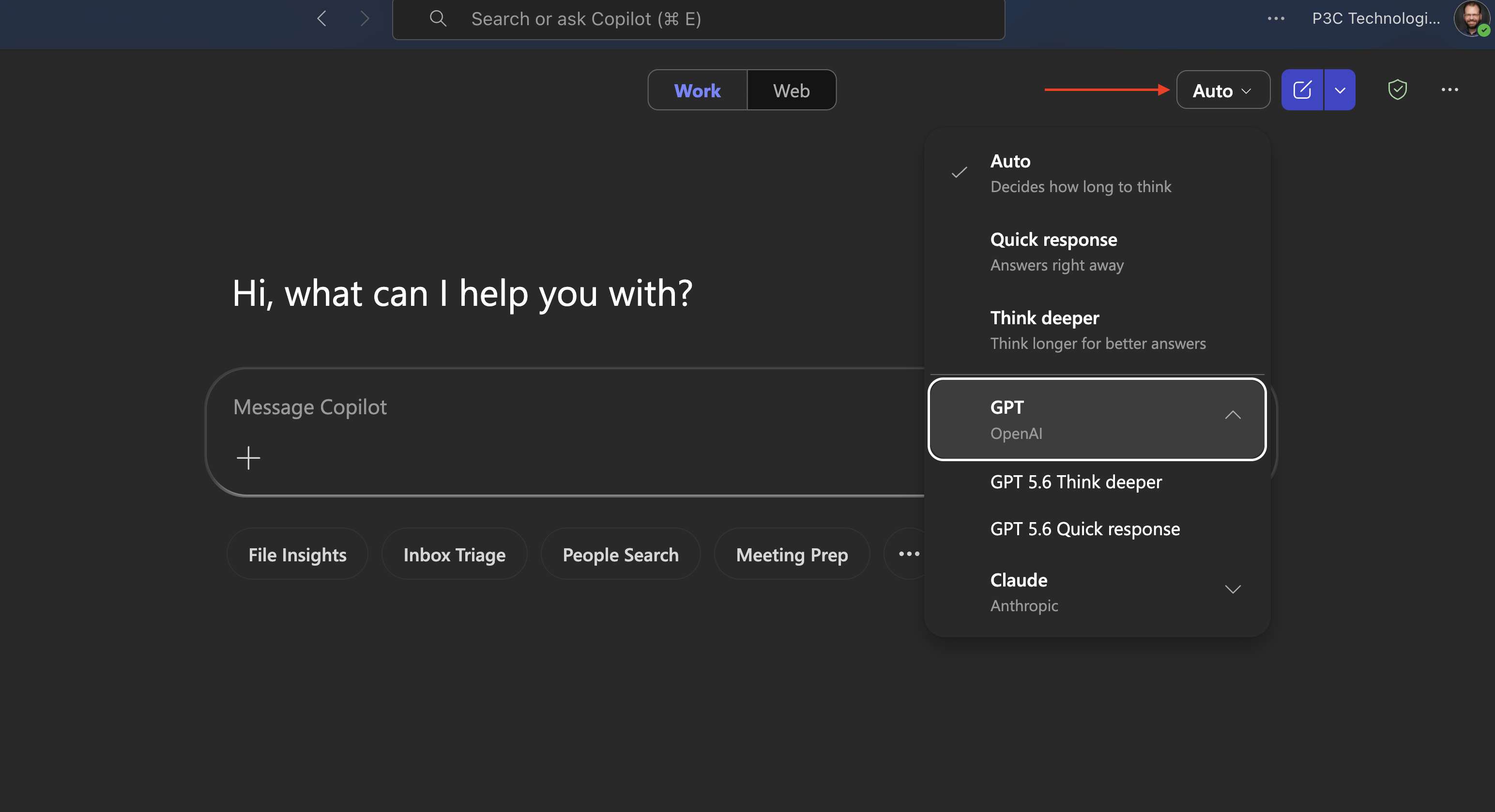 The Microsoft 365 Copilot model picker dropdown, showing GPT and Claude model options.