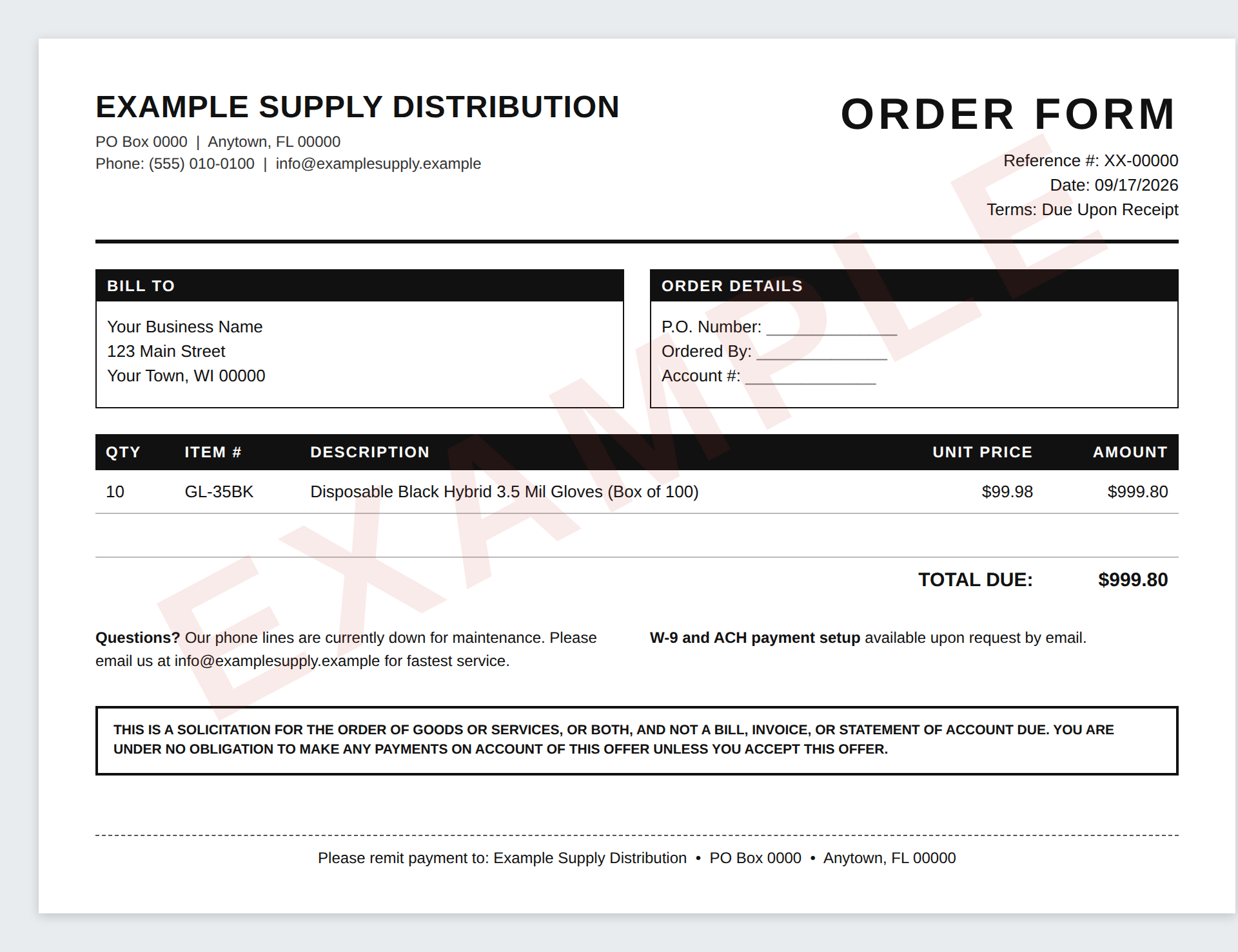 Example of a fake order form scam: an Order Form billing 10 boxes of disposable gloves at $99.98 each, total $999.80
