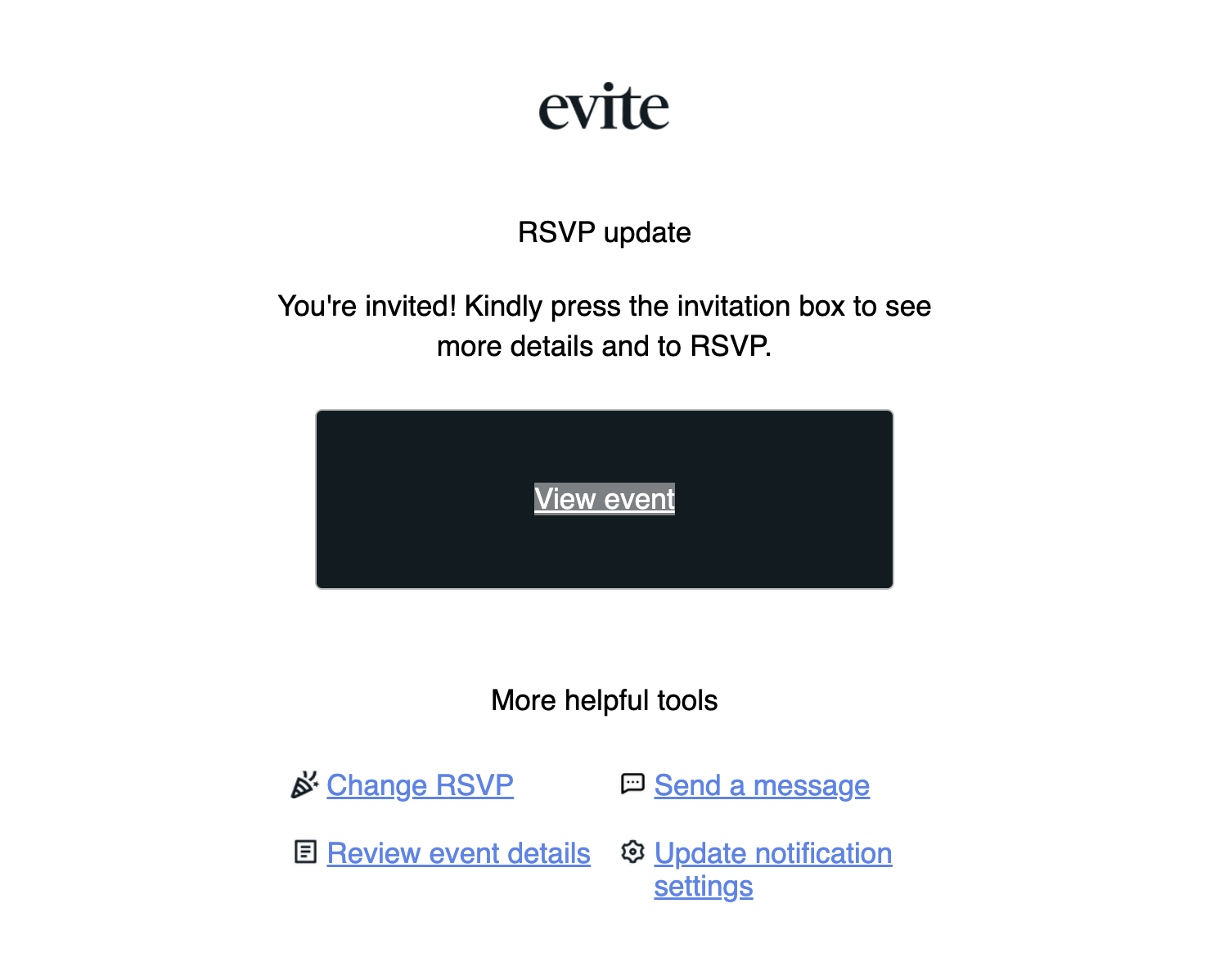Screenshot of a phishing email styled as an Evite invitation, with the heading RSVP update, the text You're invited, and a View event button