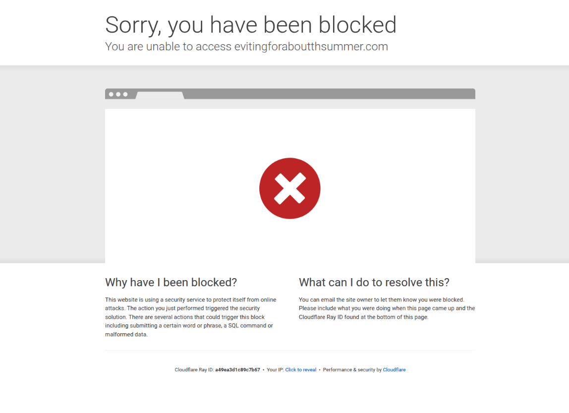 Cloudflare page reading Sorry, you have been blocked. You are unable to access evitingforaboutthsummer.com