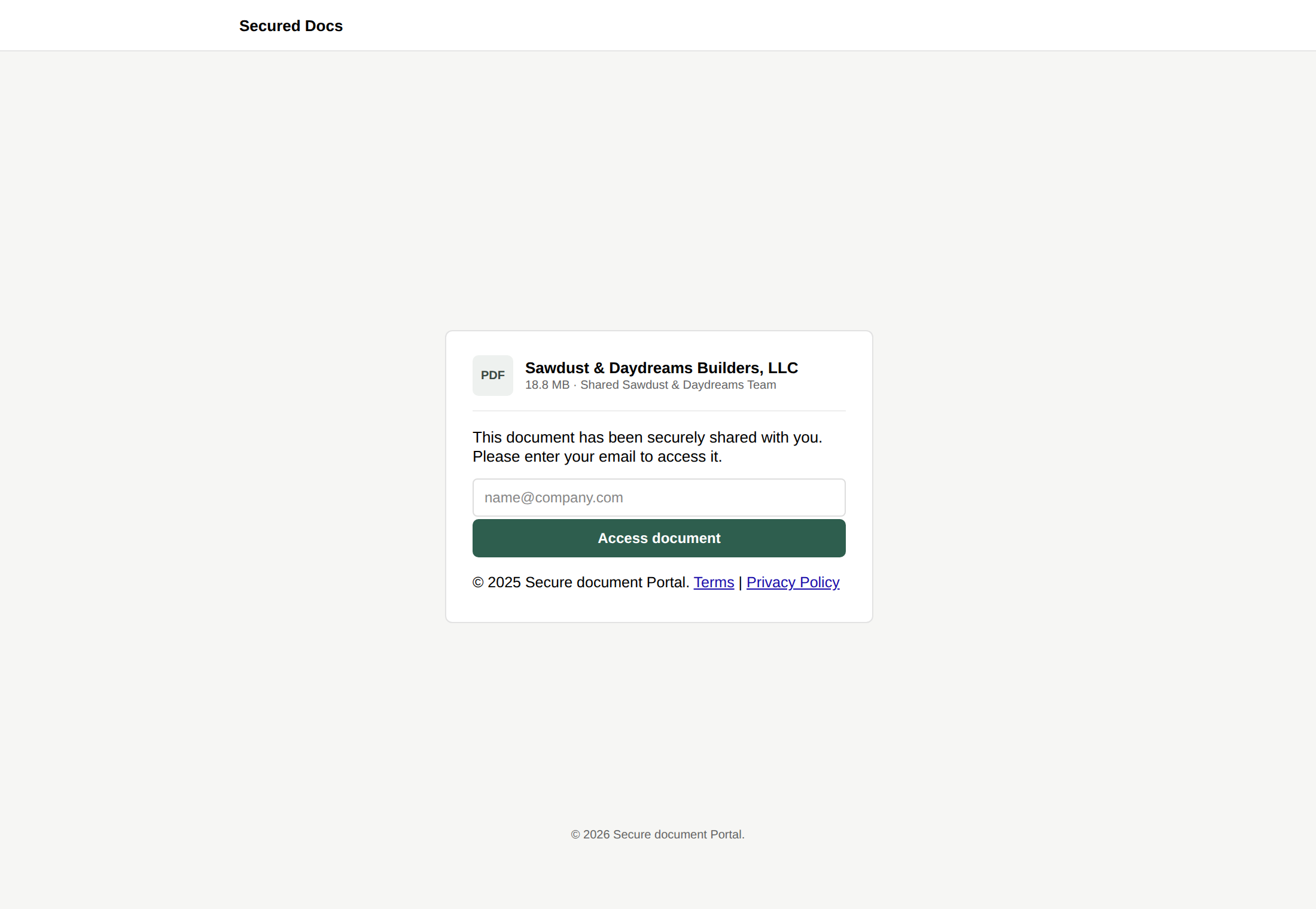 The fake "Secured Docs" page the button led to, asking for an email address