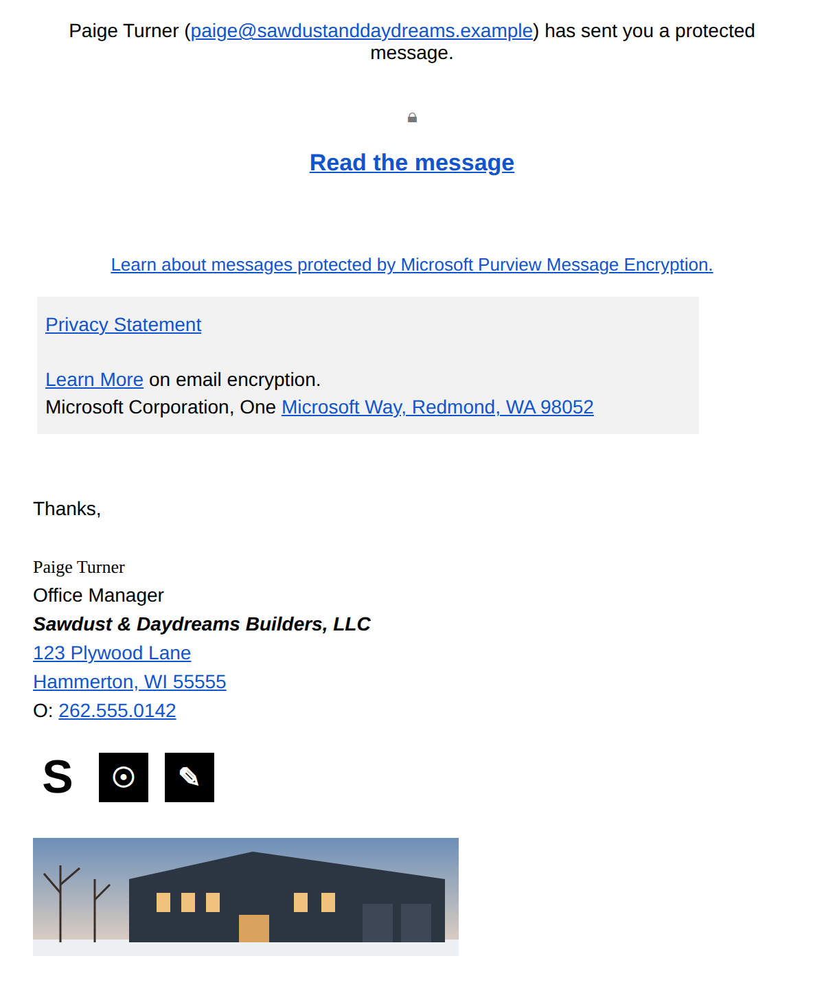 The phishing email, with the real vendor's details swapped for made-up ones