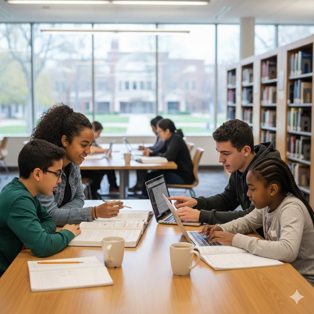 multi age students in library