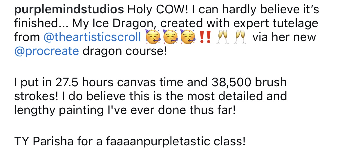 Screenshots of student testimonials sharing their positive experiences with Parisha Malik’s YouTube tutorials on digital illustration and Procreate.