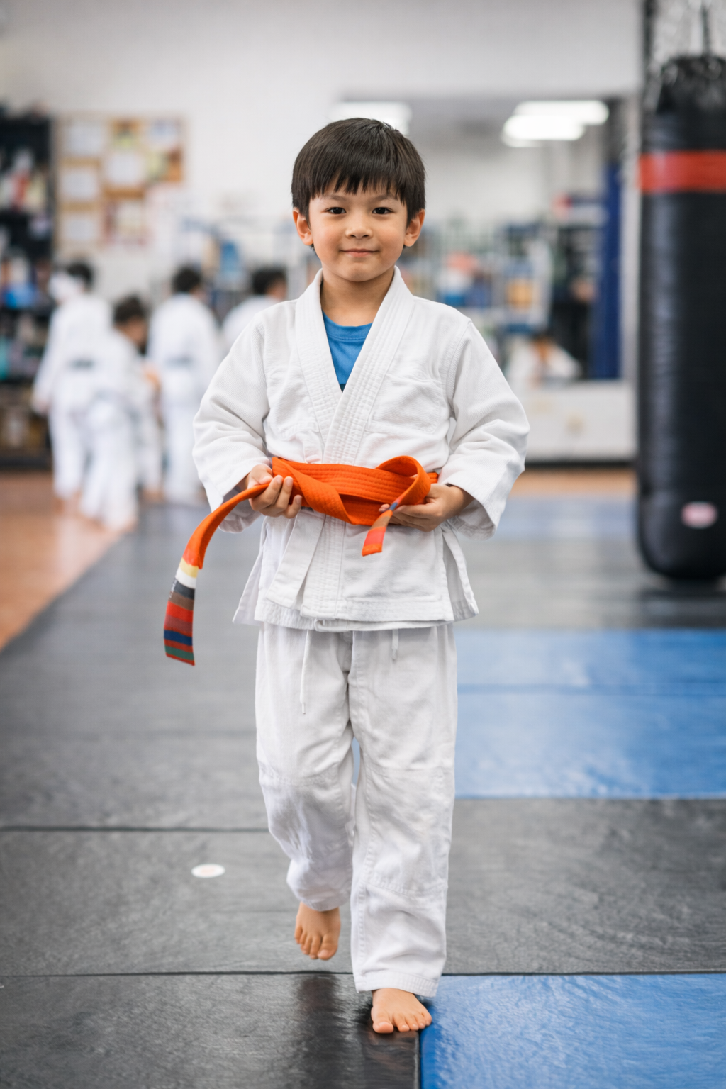 Young boy in a martial arts, walking confidently on mats, wearing a black gi and holding an orange belt..