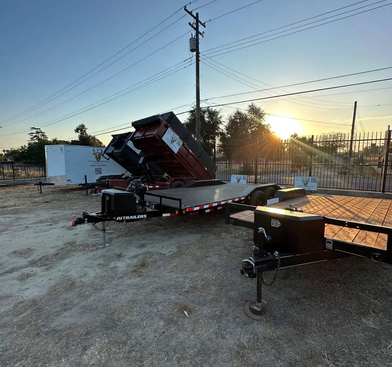 Trailer rental lineup at JP Trailer Rentals in Rio Linda, CA