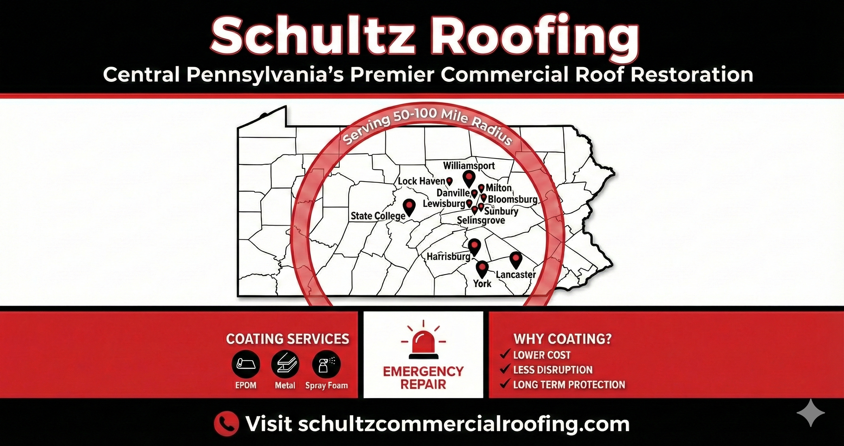 Marketing advertisement for Schultz Roofing showing their Central Pennsylvania service area with a 50-100 mile radius coverage map, highlighting their commercial roof restoration services including EPDM, metal, and spray foam coating options with emergency repair capabilities. - Schultz Roofing, Inc