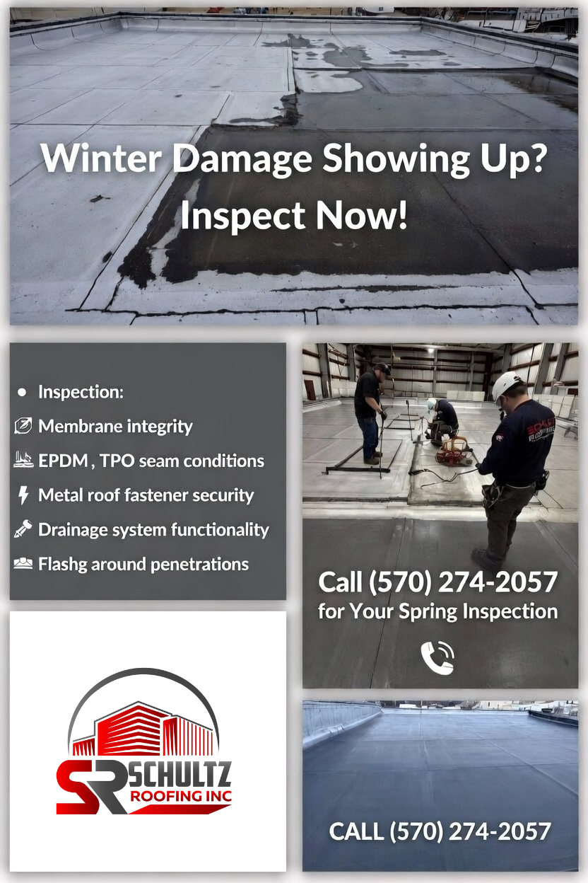 Commercial flat roof showing winter damage with pooling water and membrane deterioration, alongside professional inspectors conducting spring roof assessment with specialized equipment. - Schultz Roofing, Inc