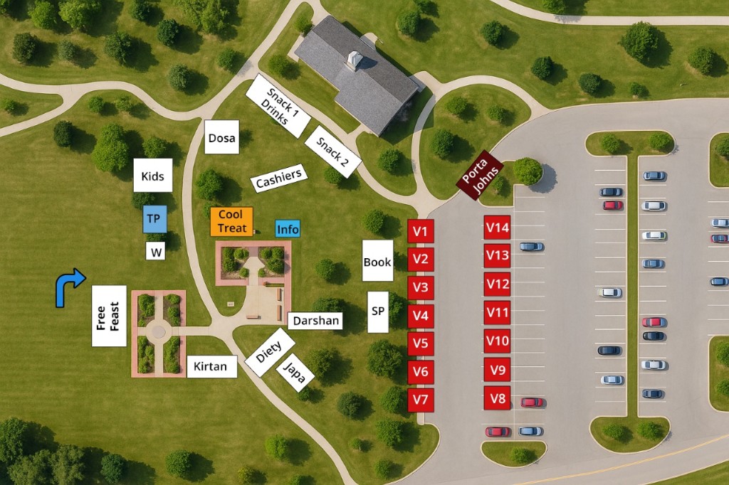 Festival grounds map showing kids area, free meal tent, live music, cultural exhibit, food vendors, information booth, and restrooms