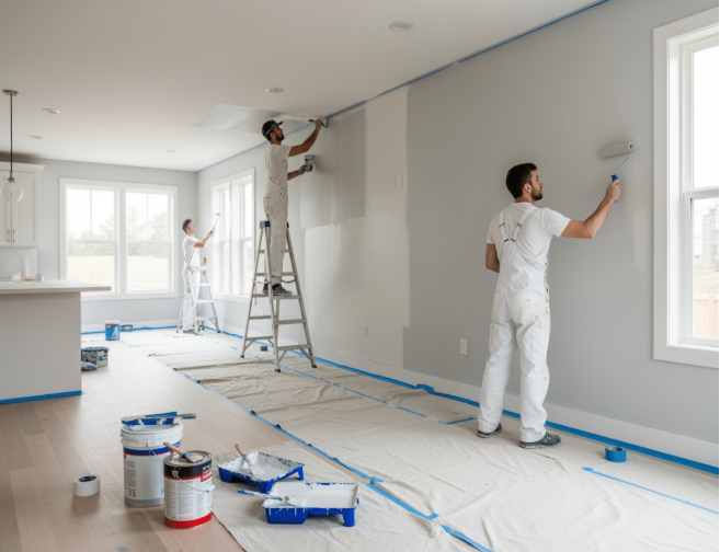 Local painting contractor applying paint to an interior wall