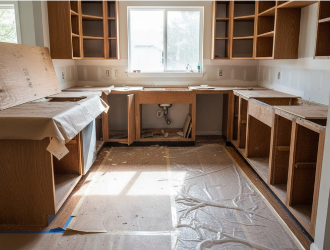 Kitchen mid-renovation with cabinets being replaced