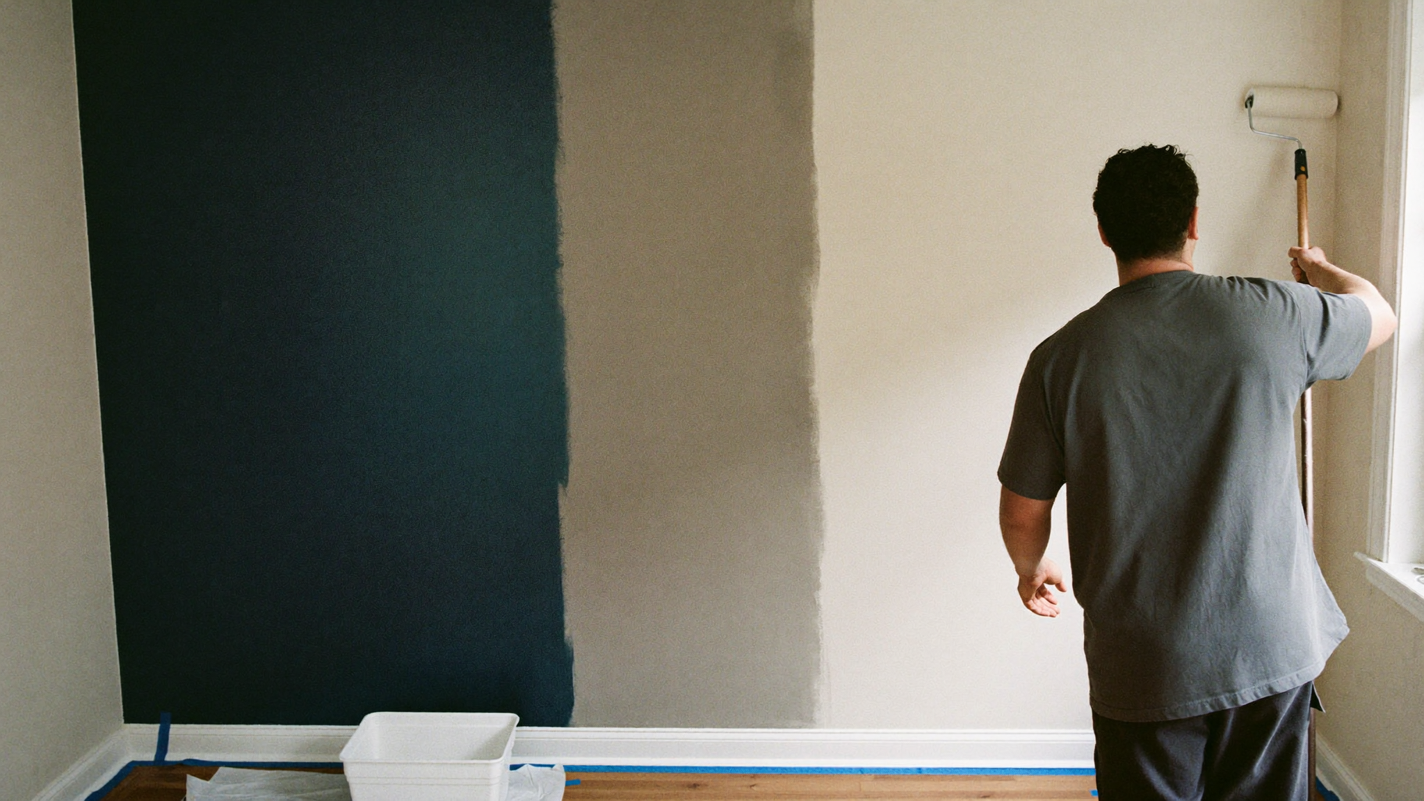 Painter sanding a skim-coated patch on an older plaster wall with taped baseboards and covered floors