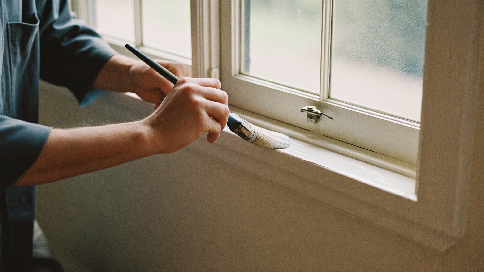Roller applying warm white paint over a deep navy wall, with a band of grey tinted primer visible between the old and new color
