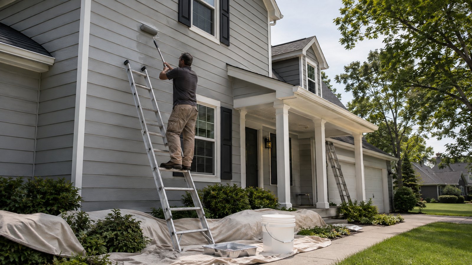 Professional painter applying exterior paint to a Northeast Pennsylvania home in suitable dry weather