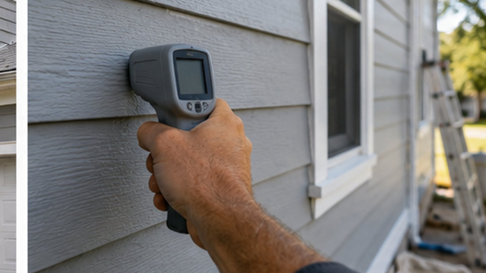 Painter checking exterior siding surface temperature before painting