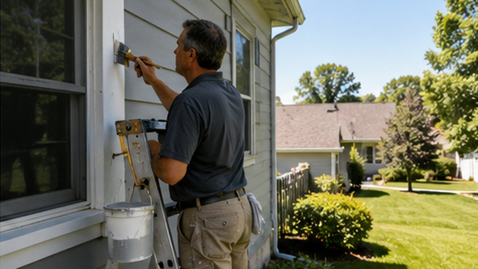 Exterior painter working on the shaded side of a house during summer