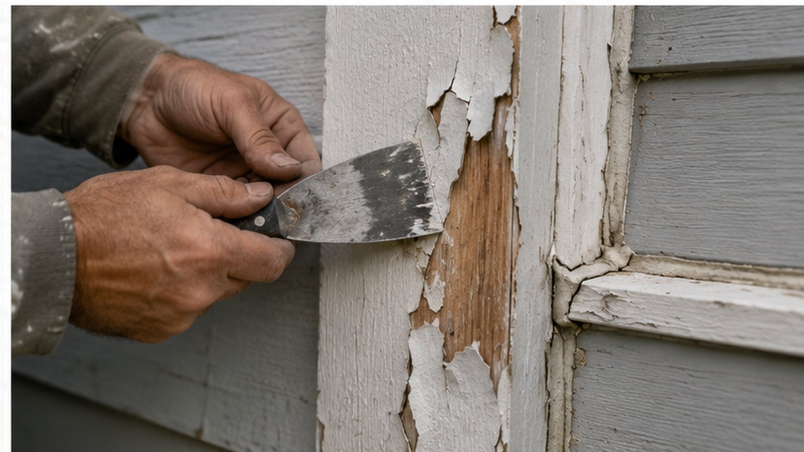Painter scraping peeling exterior paint from weathered wooden trim before repainting