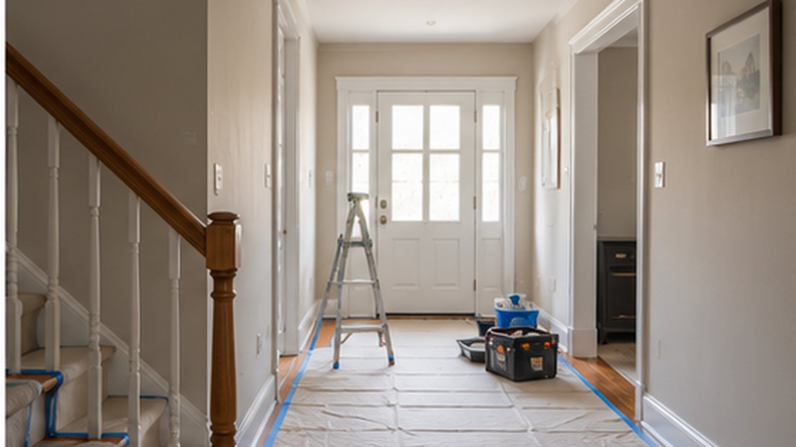 Living room prepared for interior painting with furniture moved to the center and walls cleared