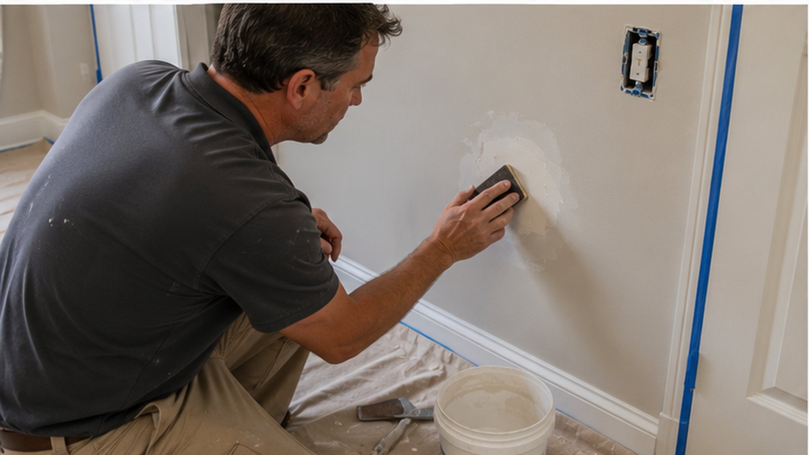 Protected interior pathway and organised work area prepared for an interior painting crew