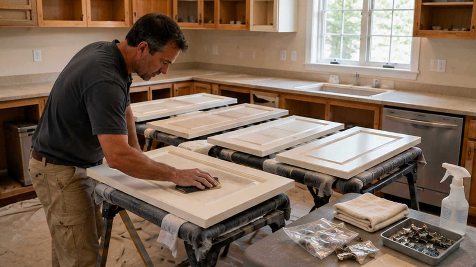 Professional painter preparing removed kitchen cabinet doors by cleaning and sanding before painting