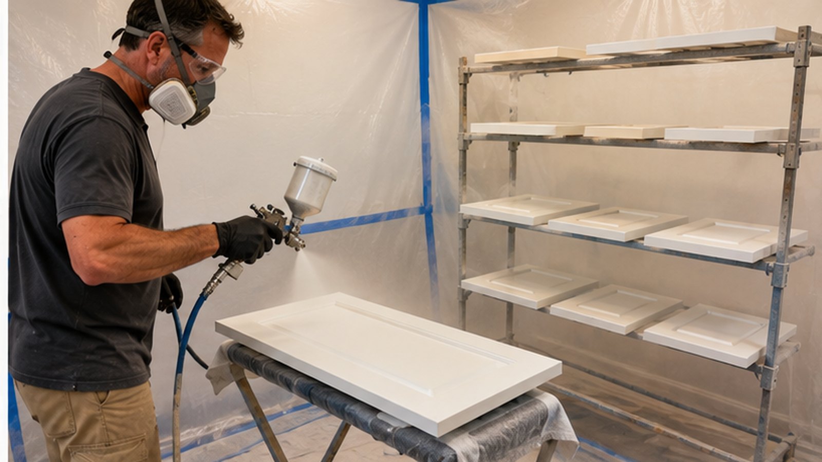 Removed cabinet doors receiving a controlled sprayed finish in a professional work area