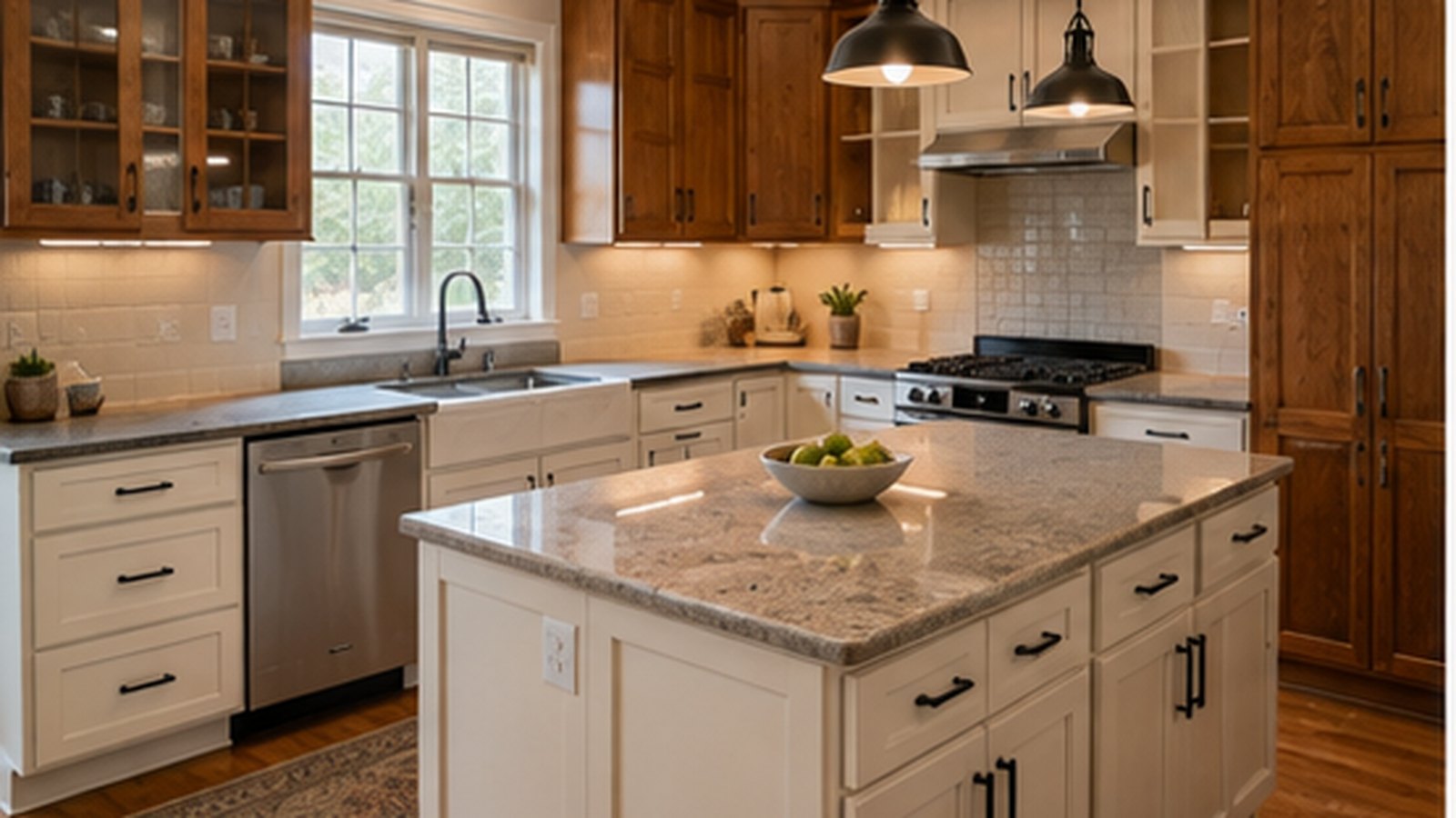 Kitchen showing both opaque painted cabinetry and natural stained wood cabinetry with visible grain
