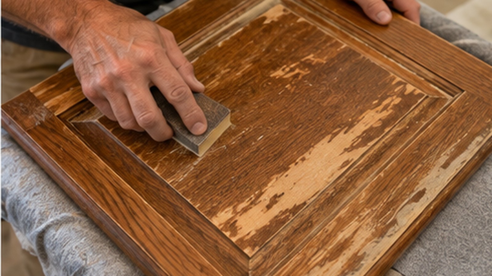 Professional painter preparing a worn natural wood cabinet door for refinishing