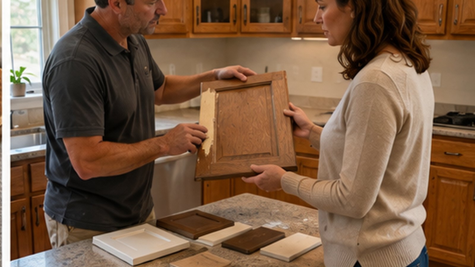 Homeowner discussing cabinet painting and refinishing options with a professional painter