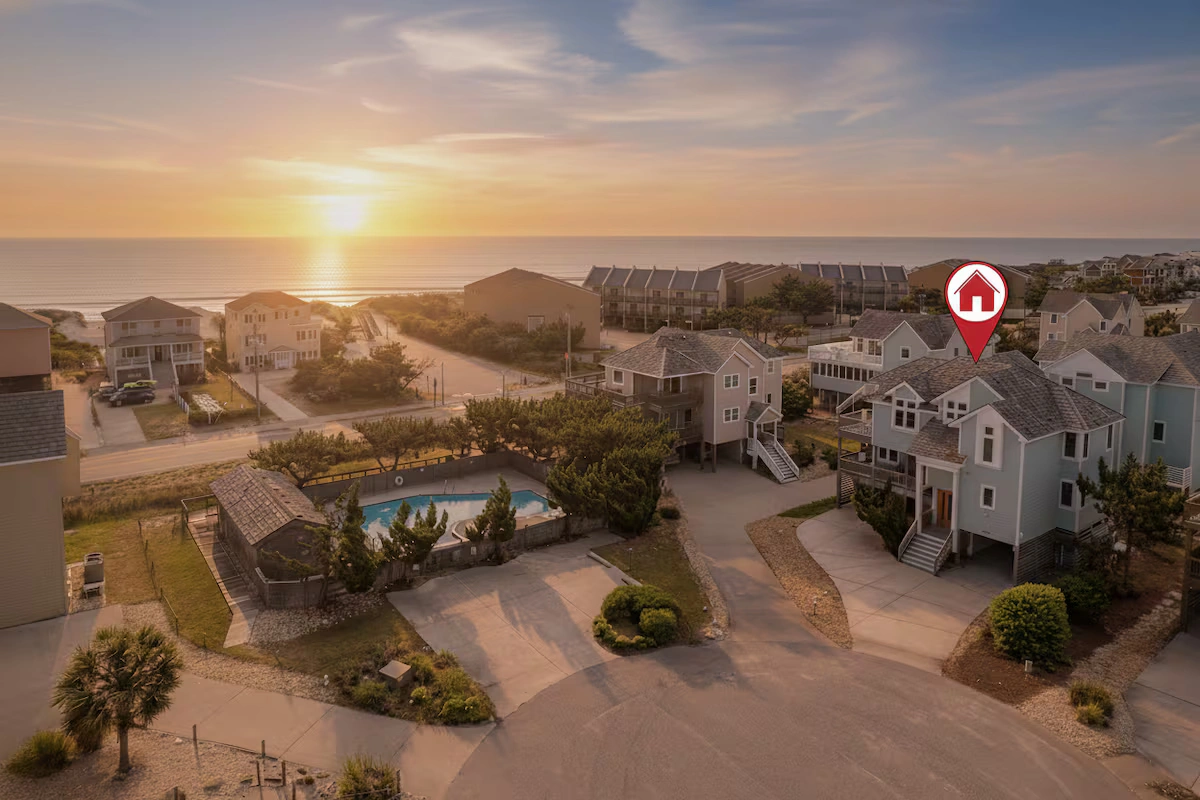 The Whale Cottage aerial view at sunset
