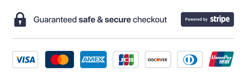 Guaranteed safe and secure checkout: Visa, Mastercard, Amex, Discover