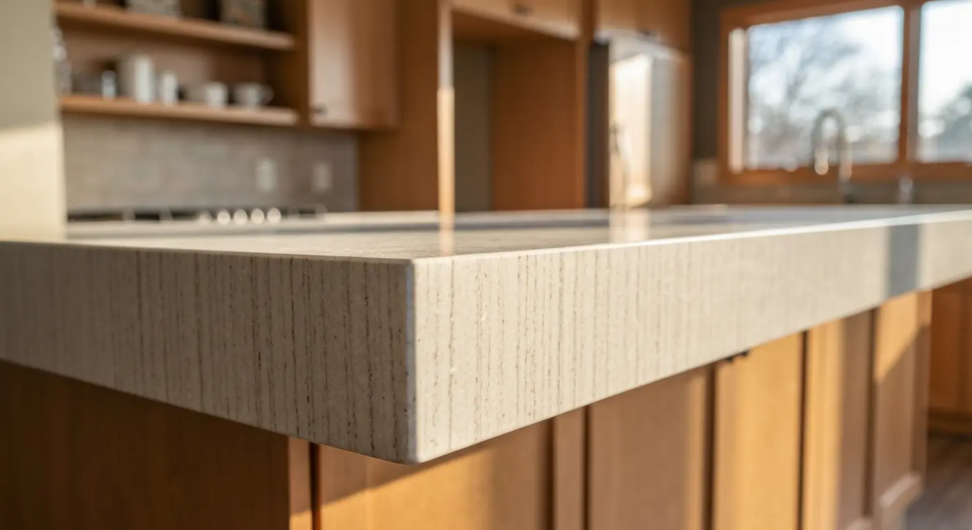 Close-up of waterfall edge on kitchen island