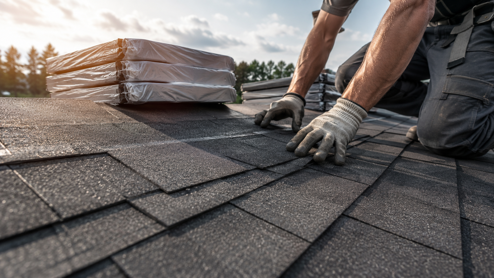 Professional roofer installing asphalt shingles on a residential roof