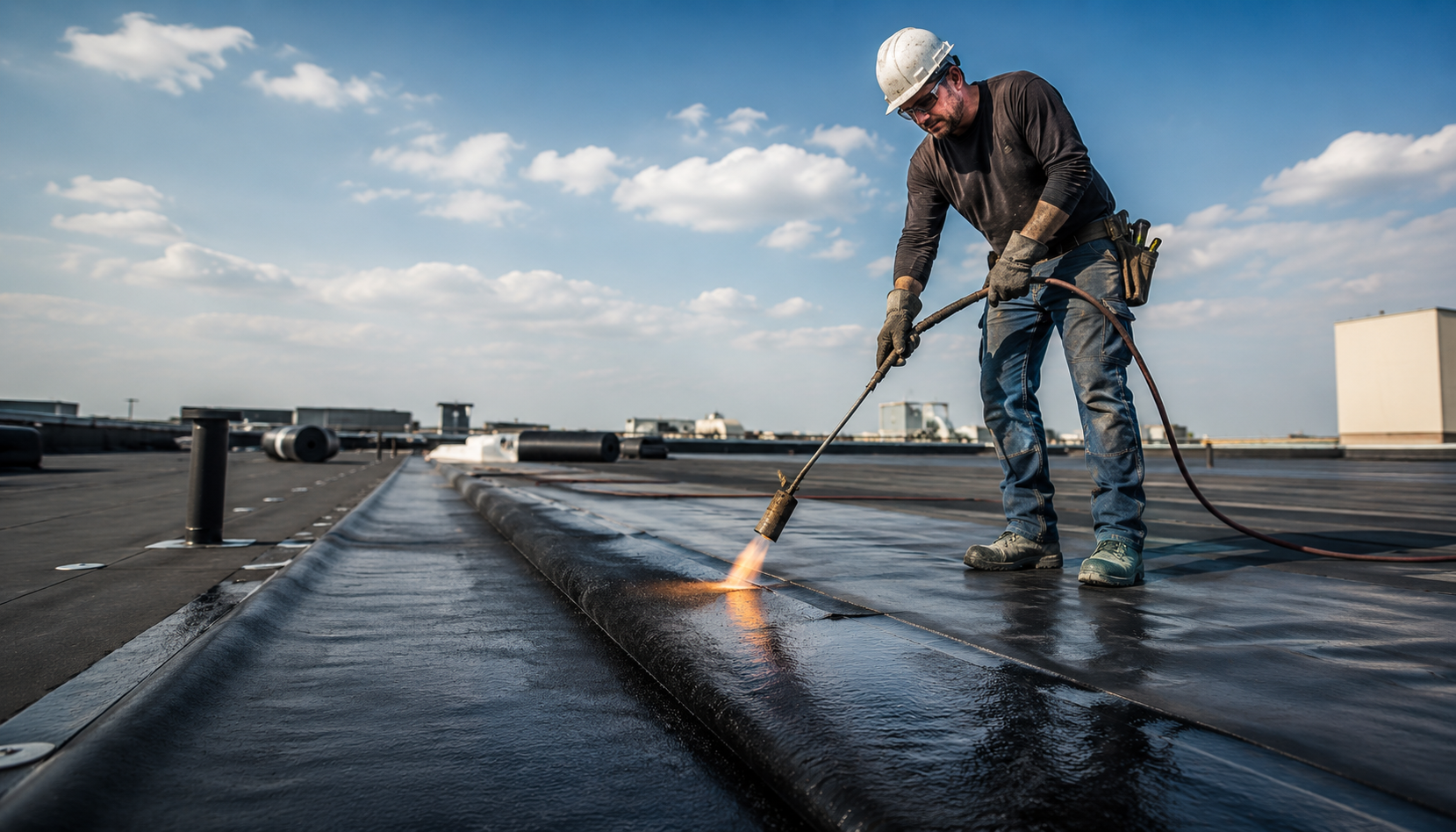 Modified bitumen roofing installation on a commercial flat roof