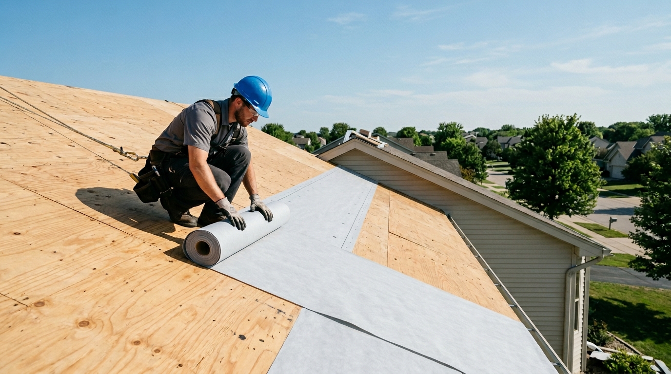 Contractor installing synthetic roofing underlayment on a residential roof deck