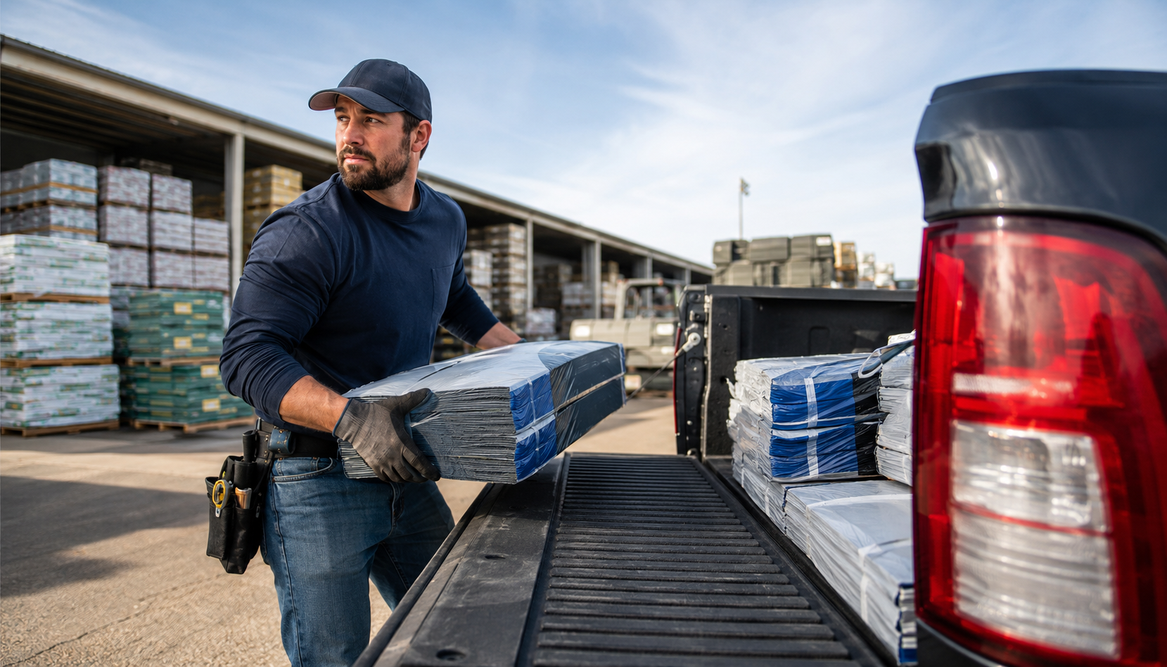Roofing contractor picking up materials at a supply warehouse