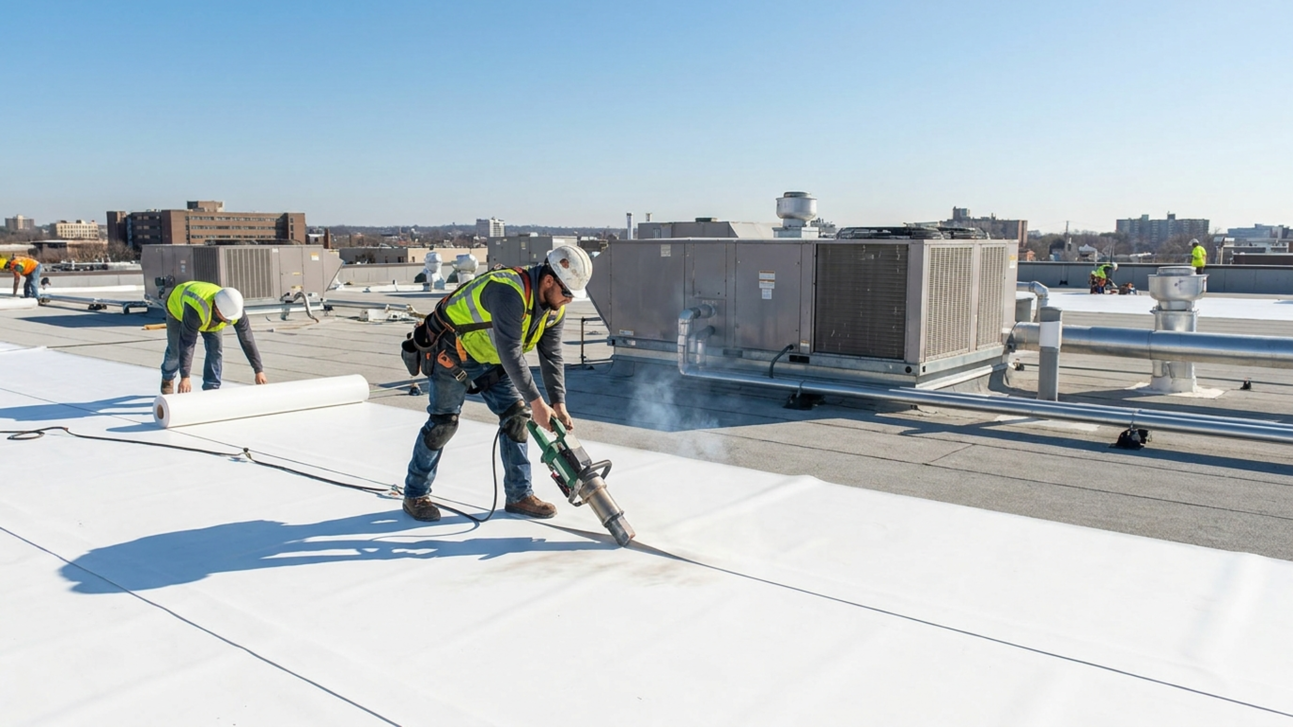TPO roofing membrane being installed on a commercial flat roof