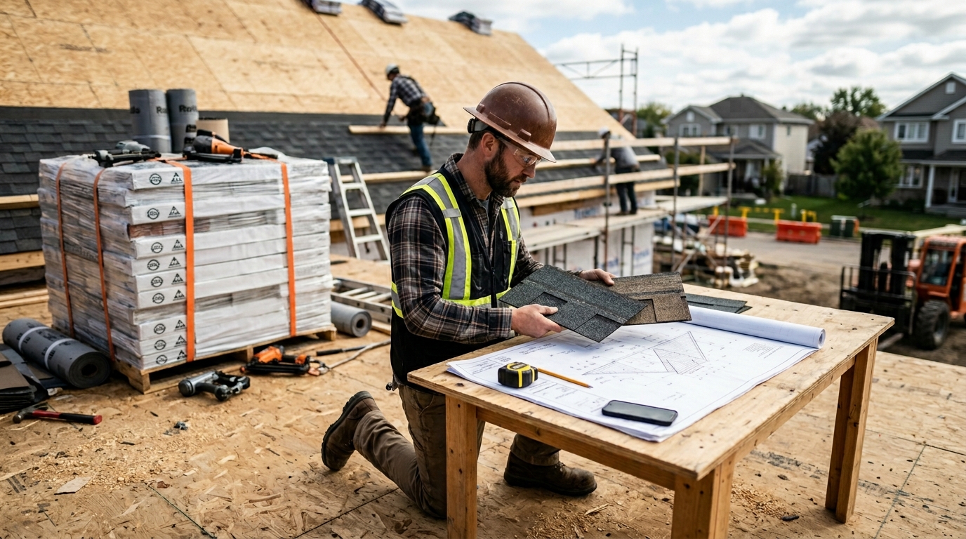 Roofing contractor reviewing materials on a job site