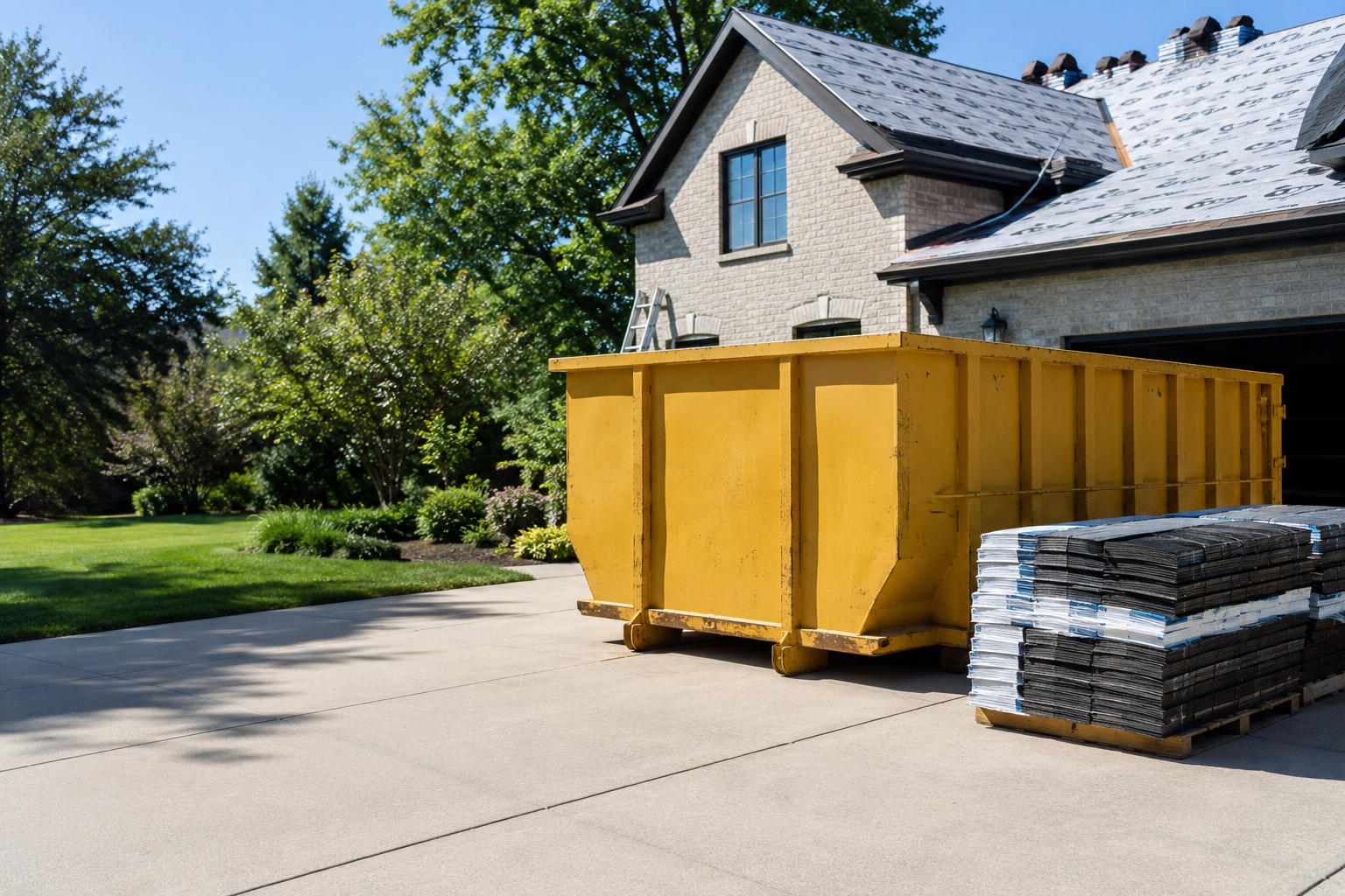 Roll-off dumpster and roofing materials delivered to a residential job site