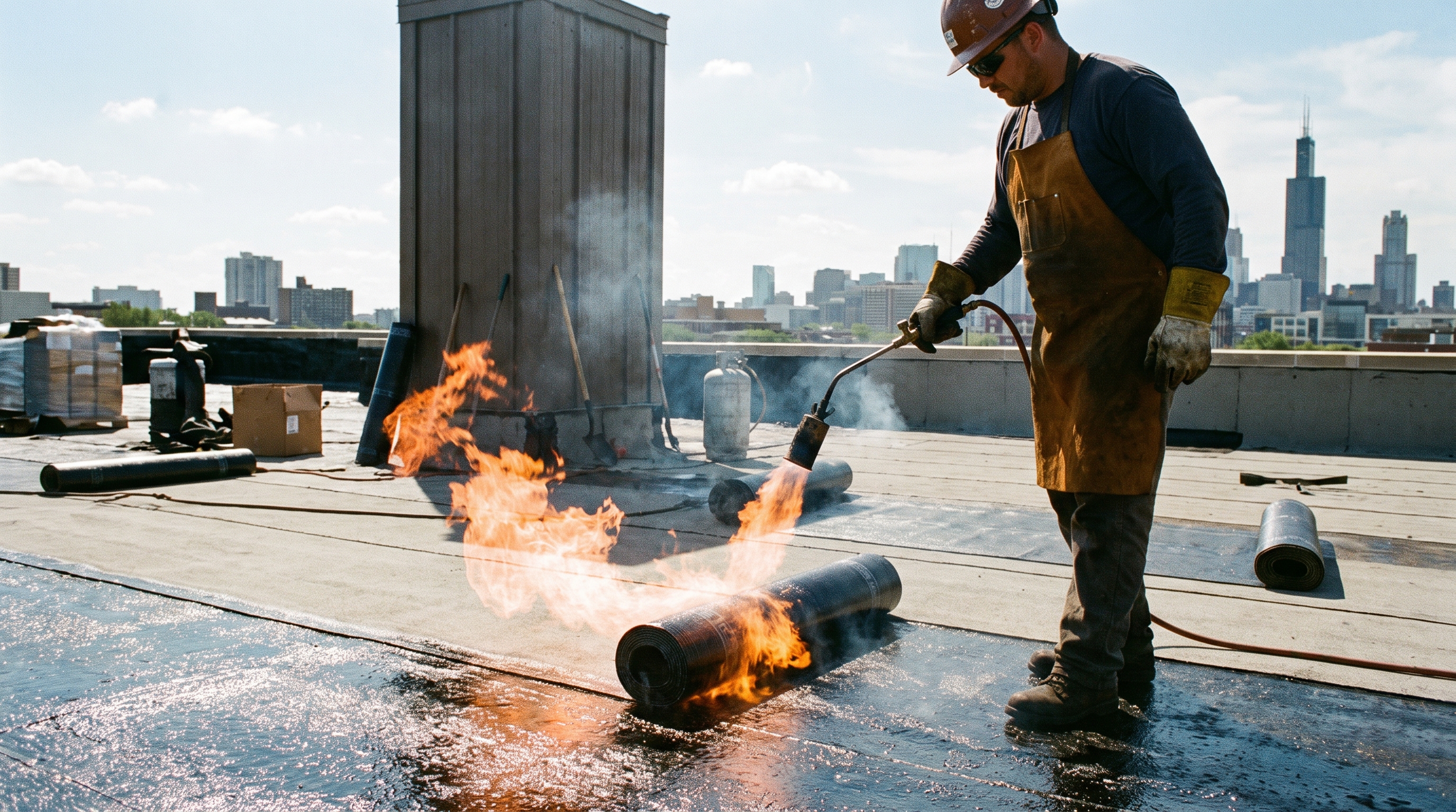 SBS modified bitumen membrane being torch-applied on a commercial roof