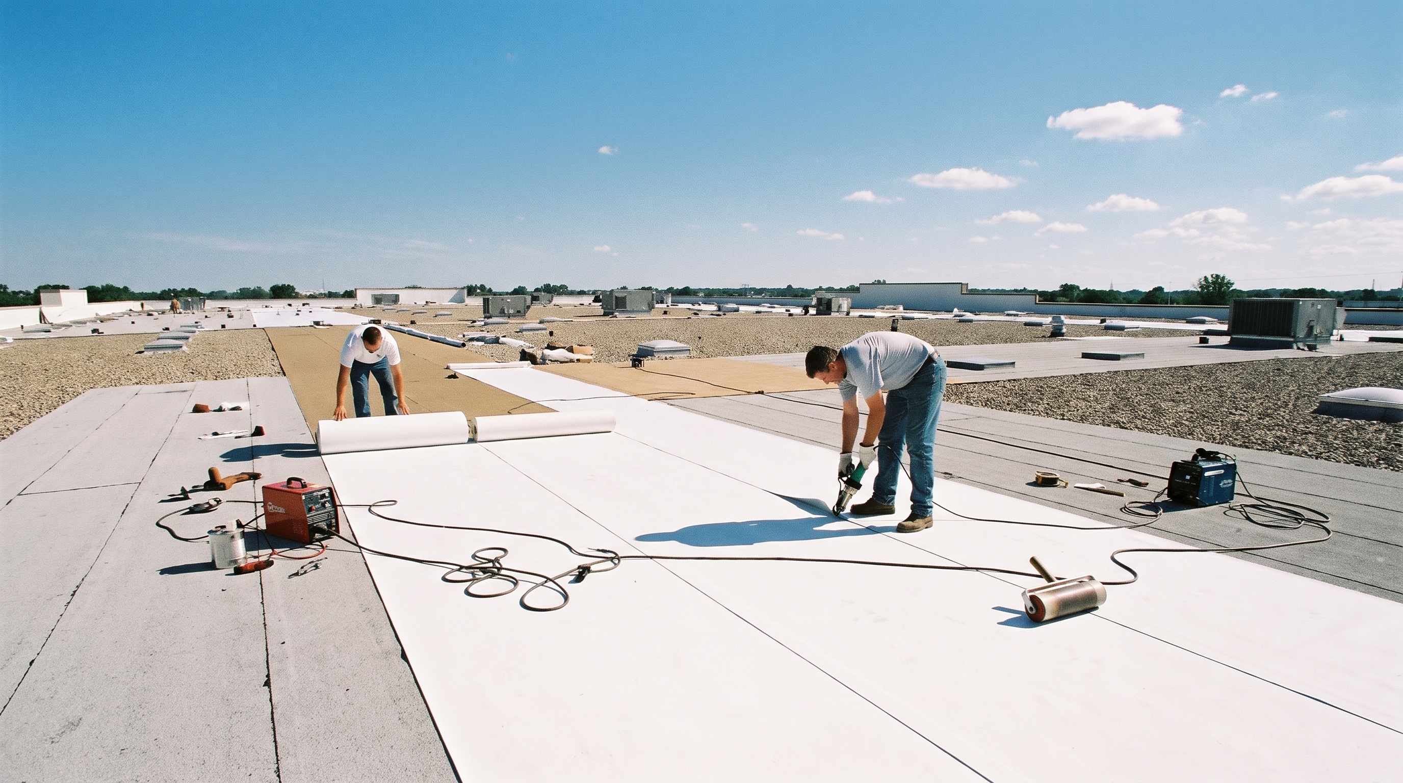 Contractor applying reflective roof coating to a flat commercial roof