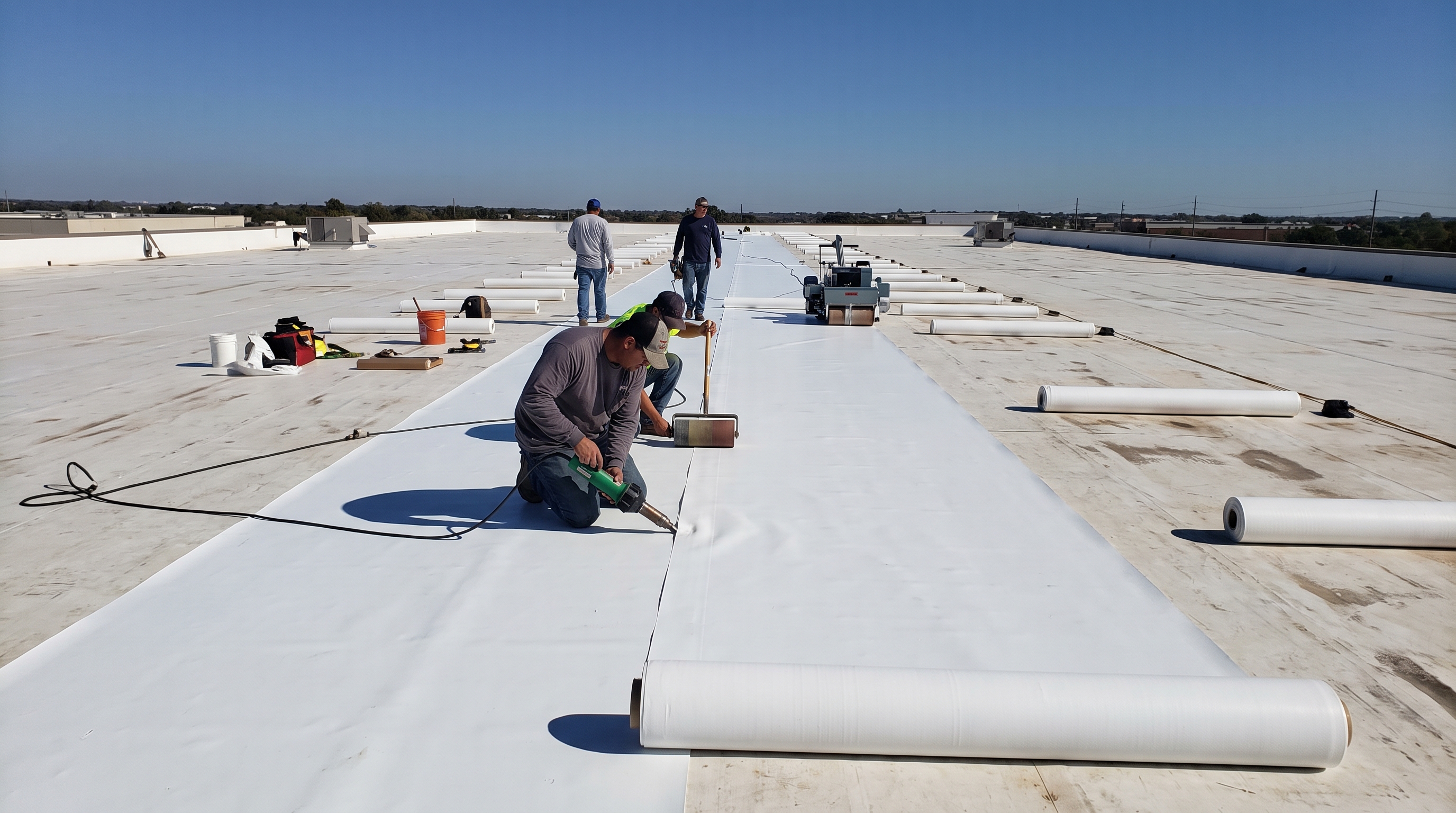 TPO membrane being installed on a low-slope commercial roof