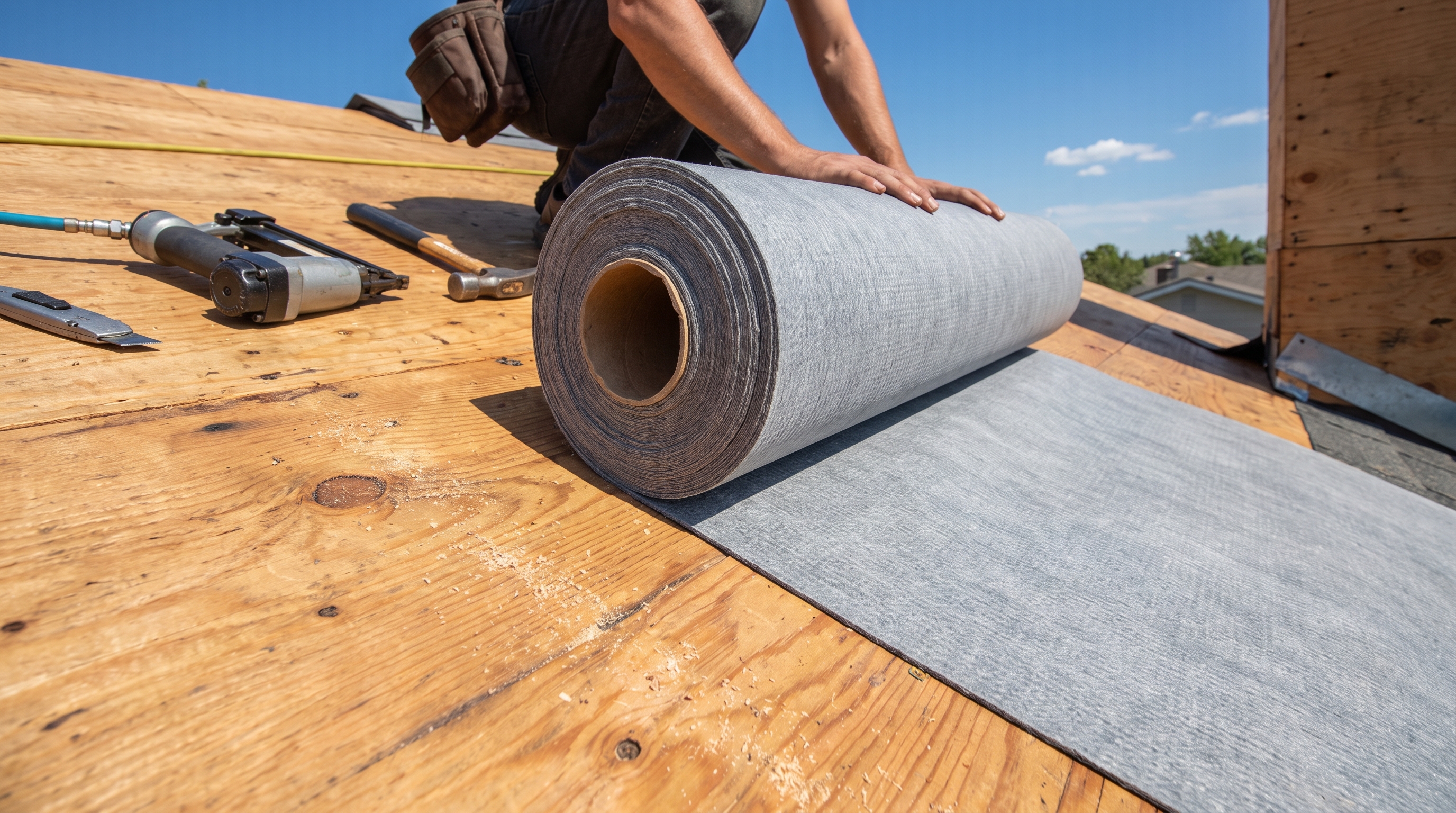 Roll of synthetic roofing underlayment being installed on a roof deck