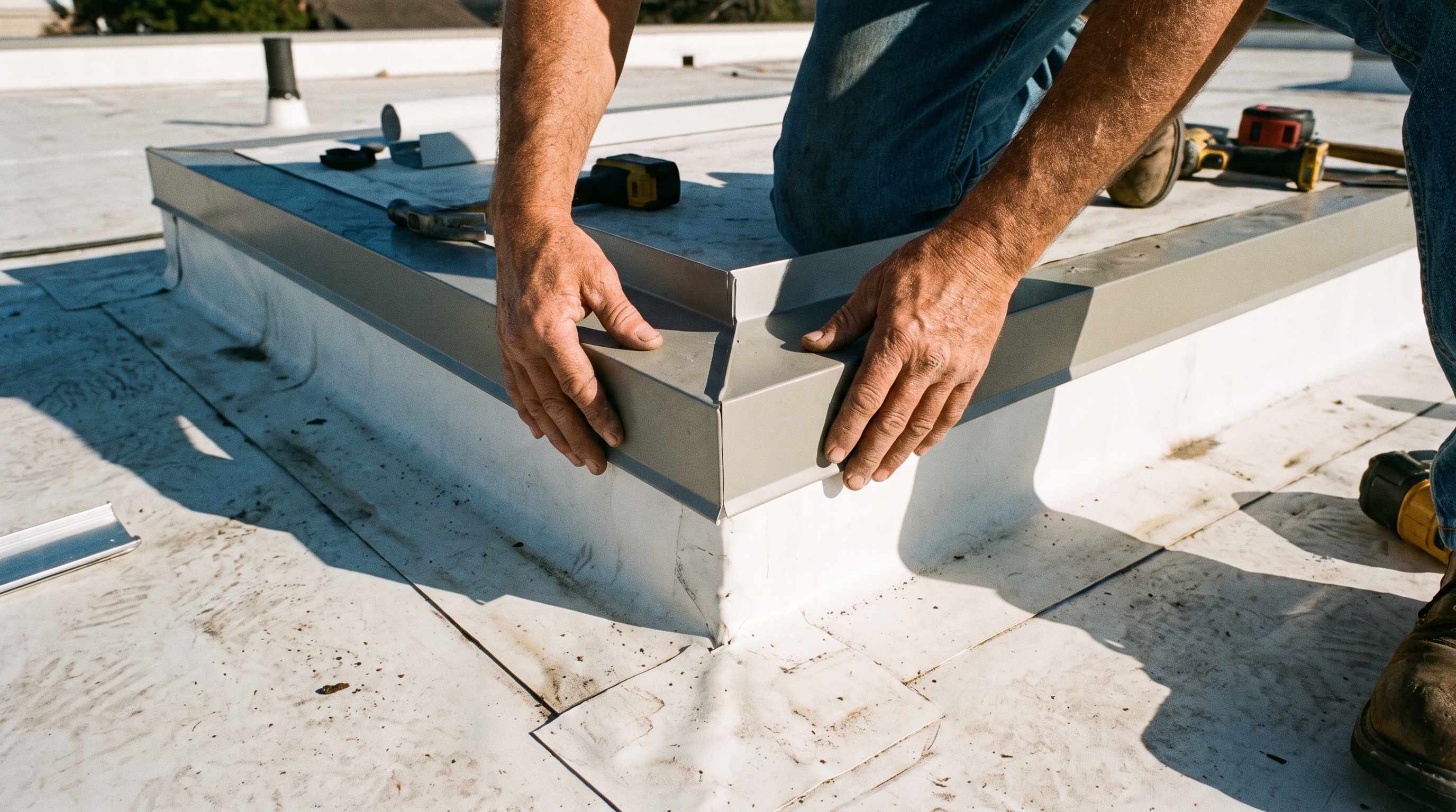 Prefabricated roof flashing corner being installed on a commercial roof