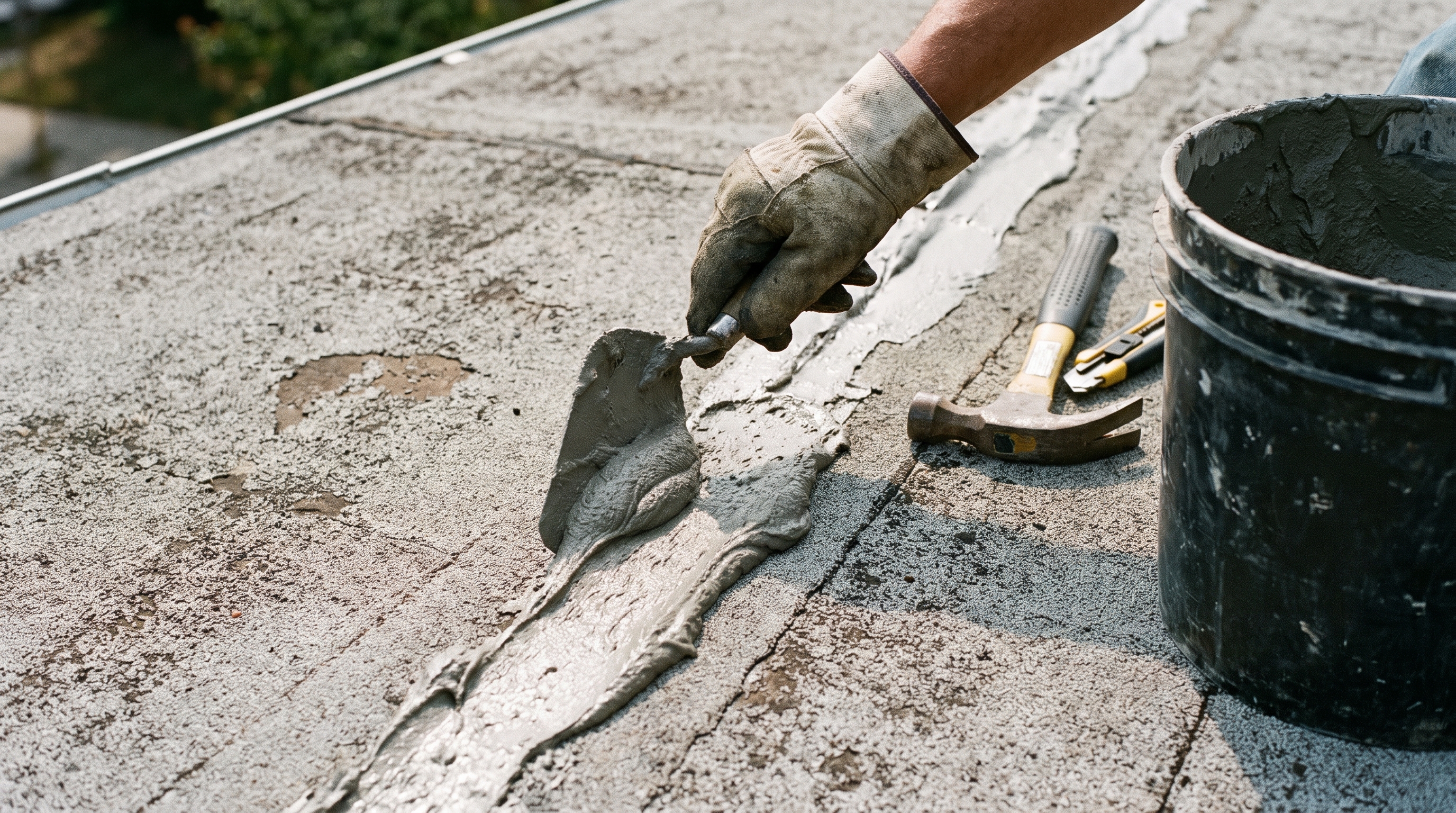 Roofing contractor applying roof cement to a low-slope roof seam