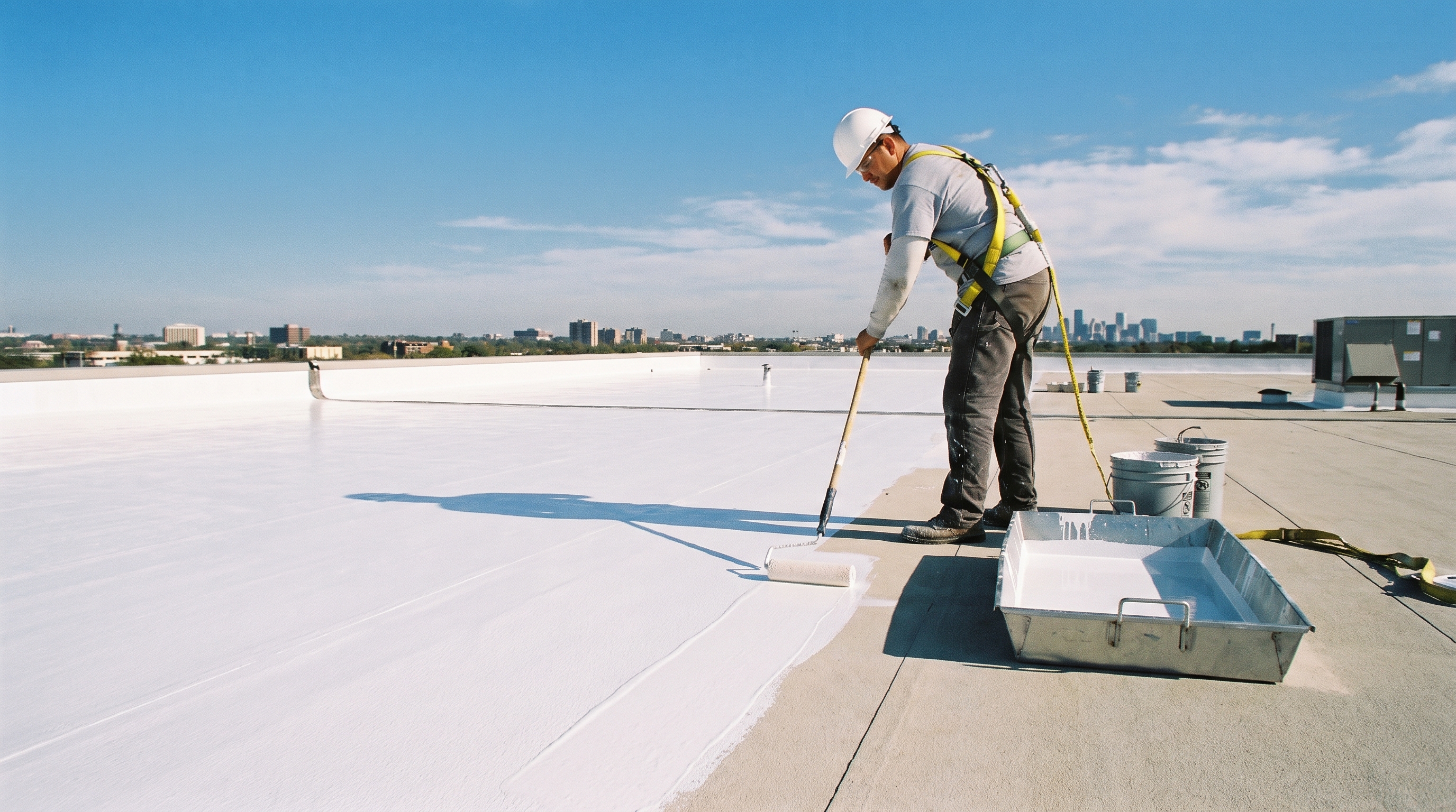 Silicone roof coating being applied to a flat commercial roof