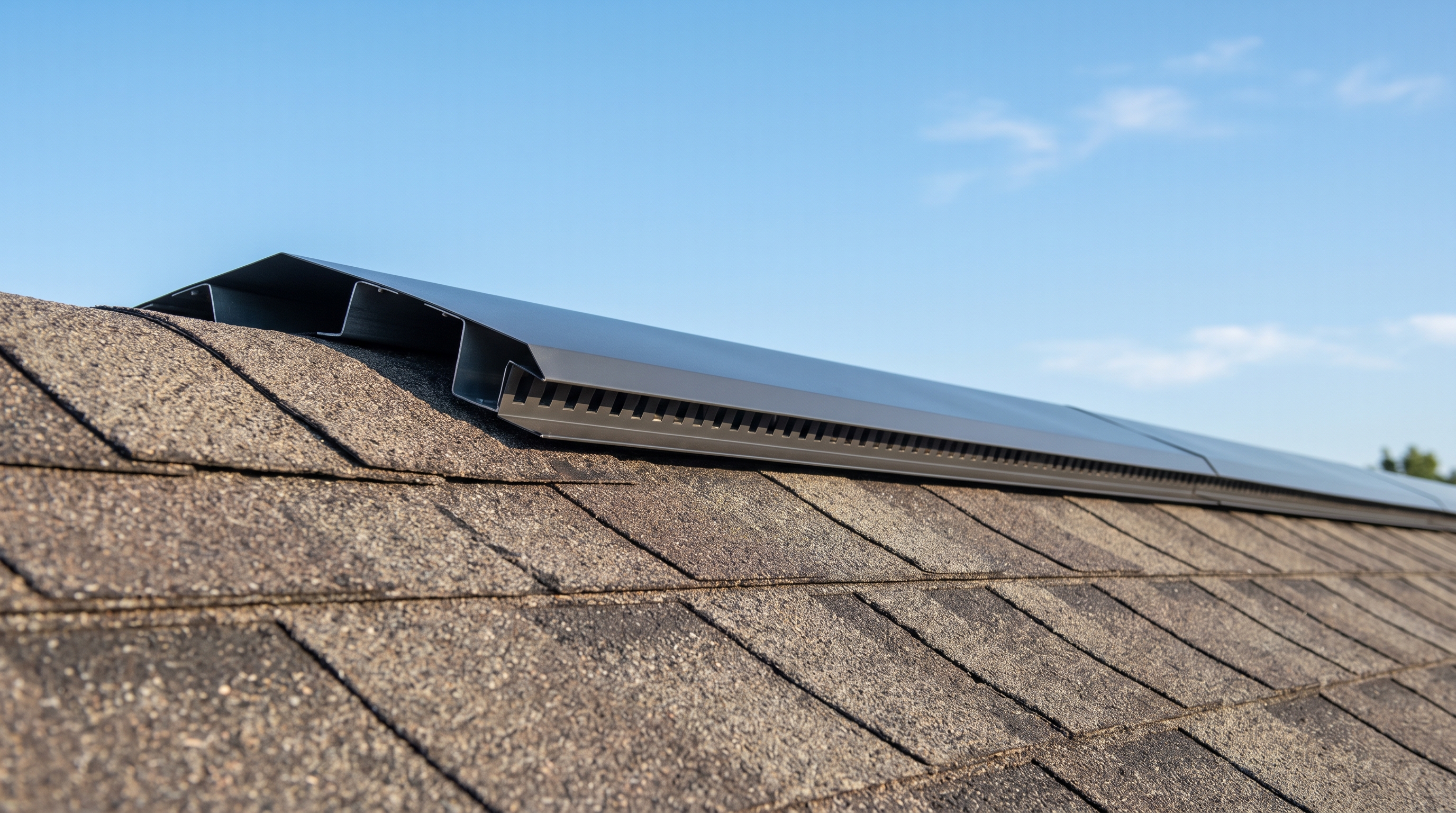 Ridge vent installed along the peak of a shingle roof