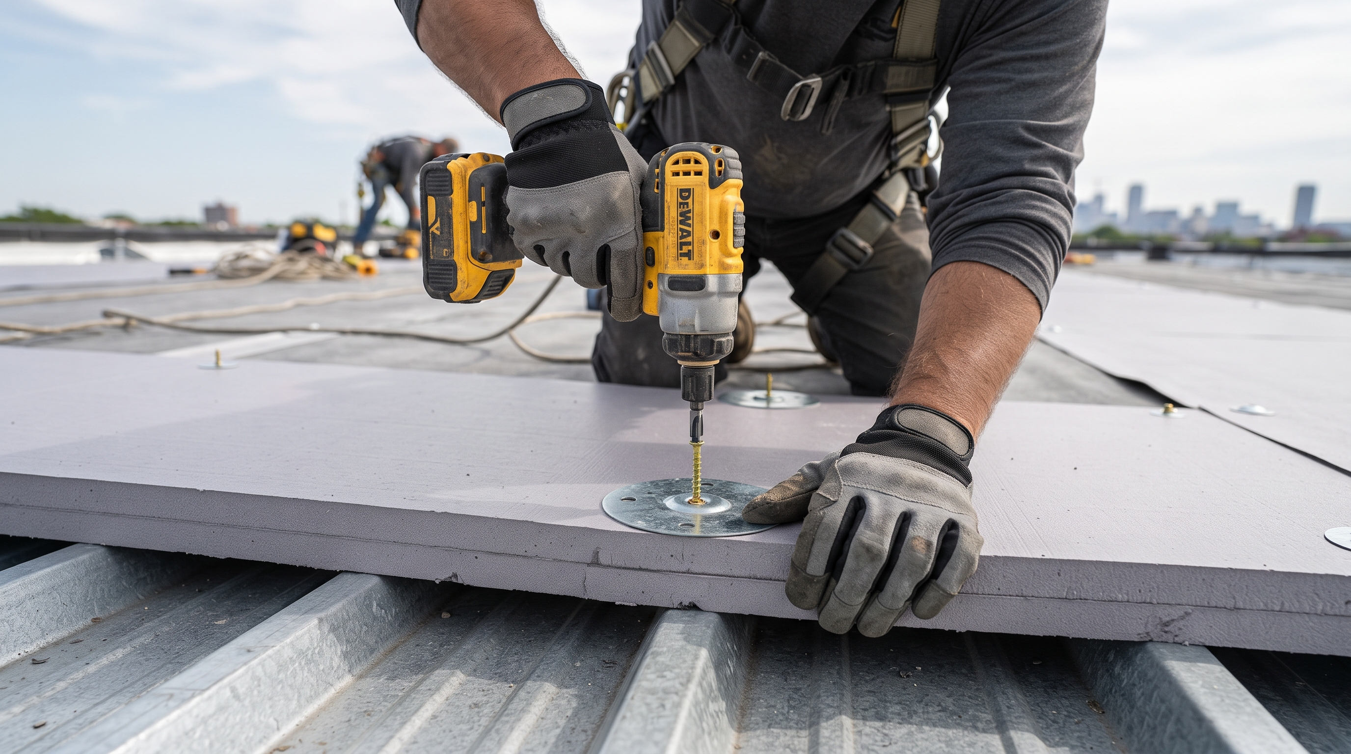 Roofing fasteners and plates being installed into insulation on a commercial roof deck